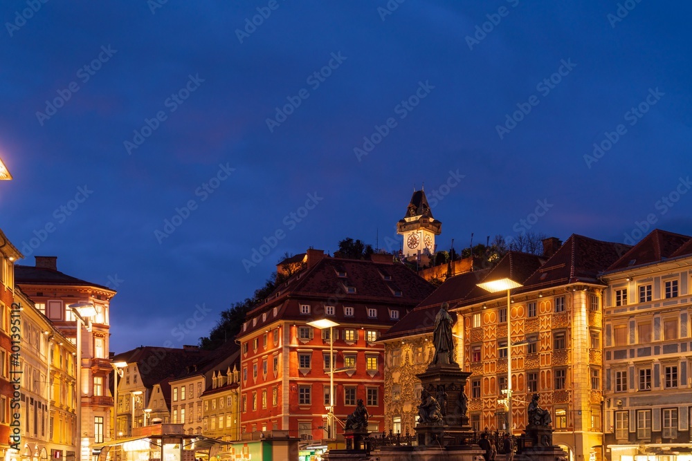 Houses on Hauptplatz and Erzherzog Johann Brunnen  at night, Graz, Austria