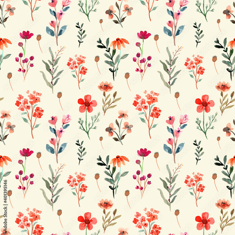 Fototapeta Seamless Watercolor Pattern with PInk and Red Wildflower with Brown Background