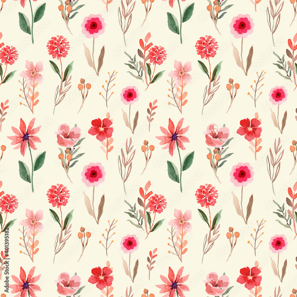Fototapeta Seamless Watercolor Pattern with Pink and Red Wildflower with Brown Background