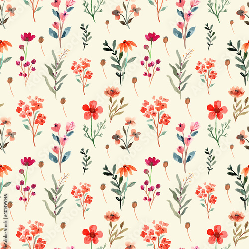 Seamless Watercolor Pattern with PInk and Red Wildflower with Brown Background