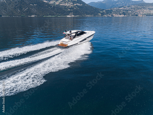 Aerial view of speed boat.