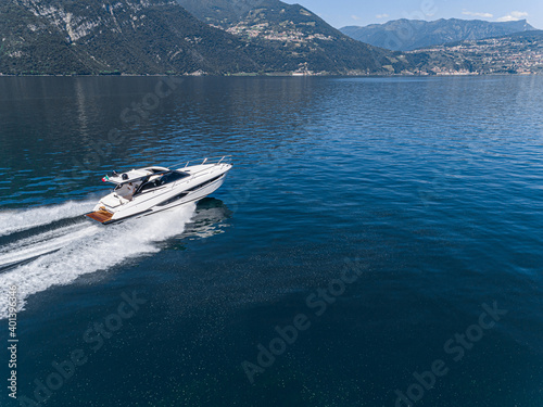 Aerial view of speed boat.