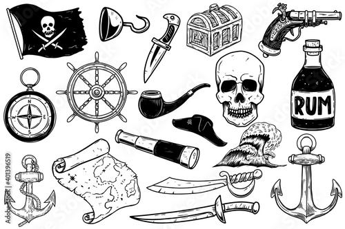 Set of pirate design elements. Design element for poster, card, banner, sign. Vector illustration