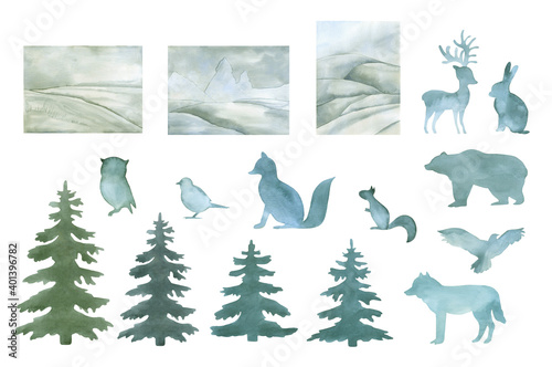 Watercolor arctic animals and landscape with pine tree hand painted background