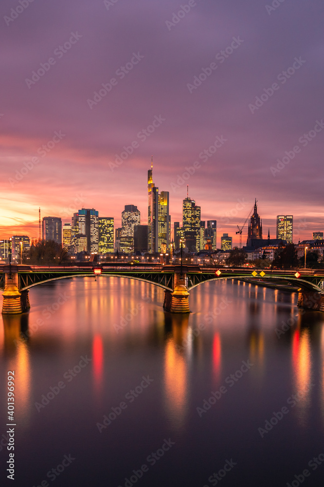 The Main with the Frankfurt skyline in the evening, at sunset. Nice overview of the city and its surroundings. in a special shade