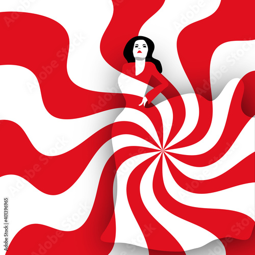 The pattern of a woman's gown blends with an abstract background.