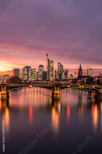 The Main with the Frankfurt skyline in the evening  at sunset. Nice overview of the city and its surroundings. in a special shade