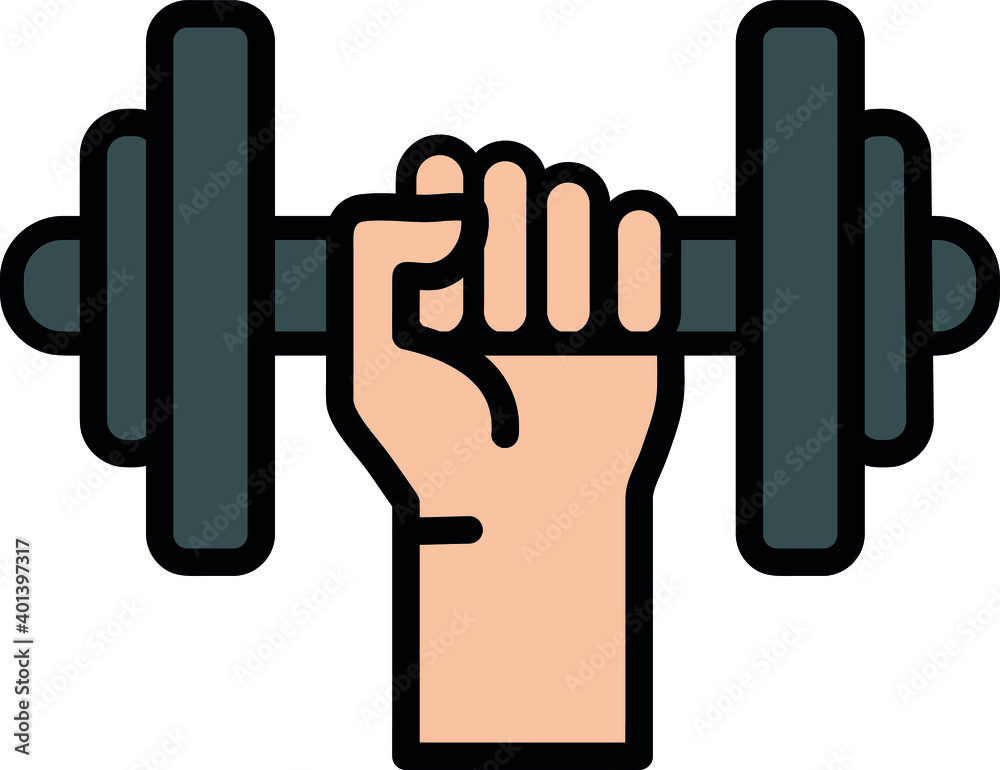 Gym weights icon in color. Exercise dumbbells raised by one arm on a white background. Vector of dumbbells Gym weights icon in color. Exercise dumbbells raised by one arm on a white background. Vector of dumbbells