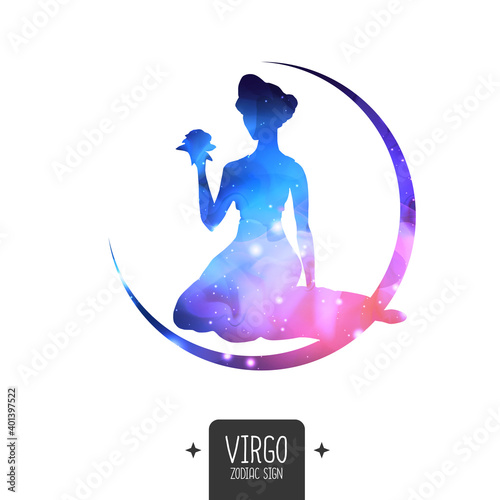 Modern magic witchcraft card with astrology Virgo zodiac sign. Virgo silhouette with outer space inside