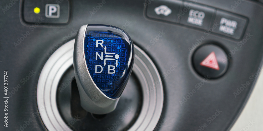 Fototapeta premium new vehicle gear stick of blue colour with symbols