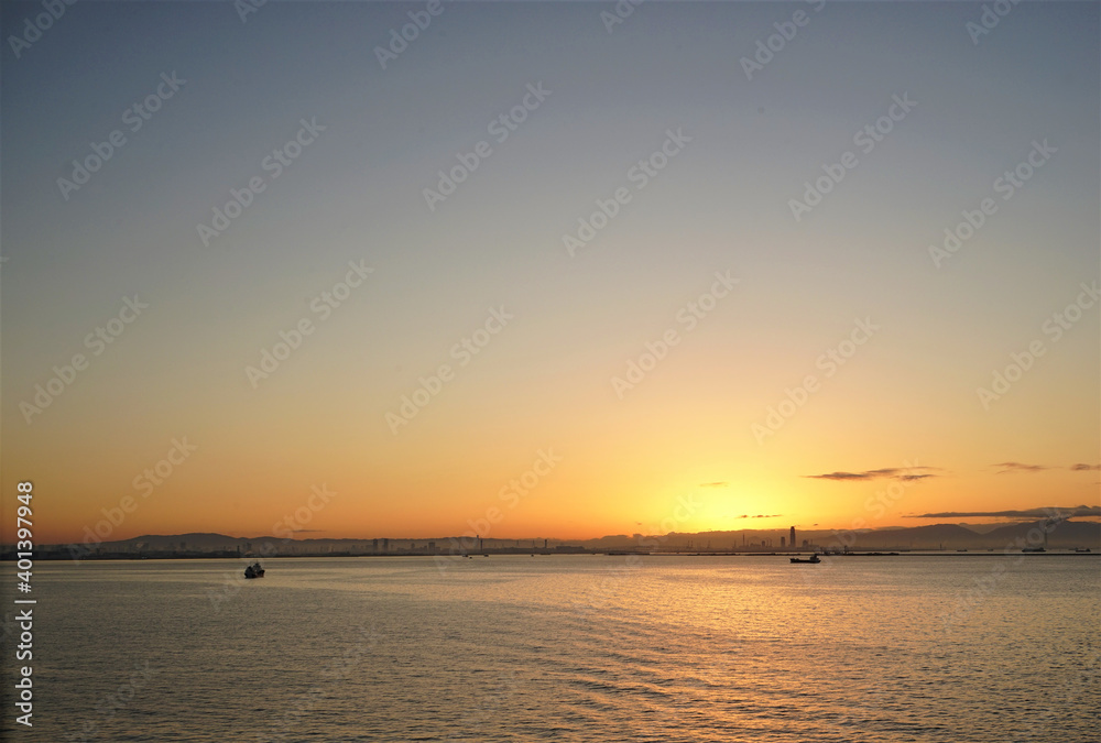 Panoramic view of Large industrial port with sunrise at Kobe port and heavy industrial factory, Hyogo, Japan - 兵庫 神戸港付近の工業地帯 日の出と海