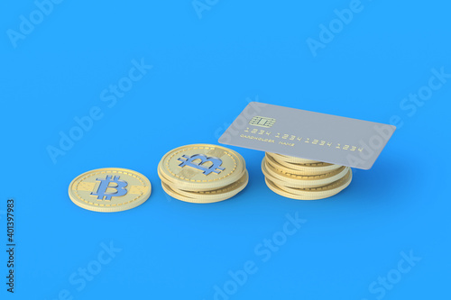 Credit card and coin of bitcoin on blue background. Anonymous, alternative payment currency. Cashing out virtual money. Untraceable international transfers. 3d rendering photo