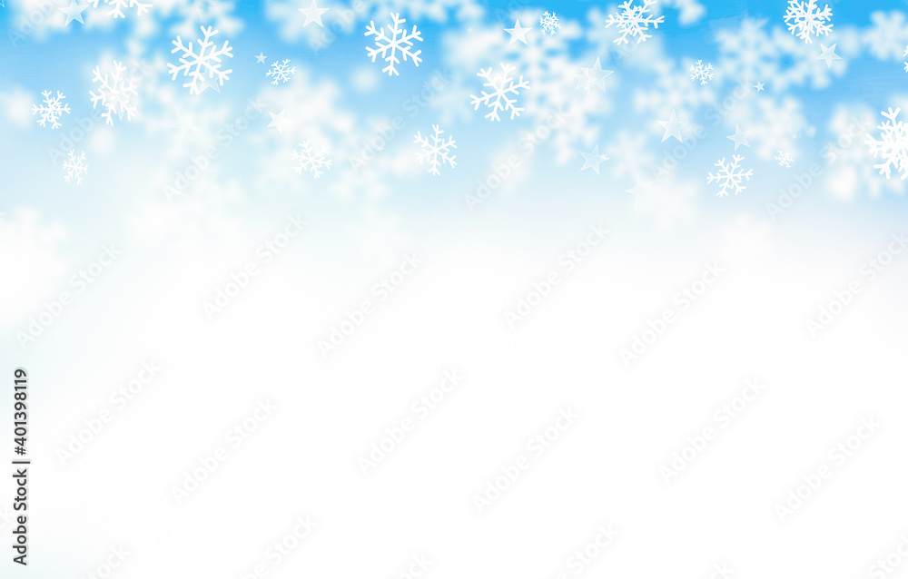 Bright blue background. Snowflakes and glow effect Bright blue background. Snowflakes and glow effect