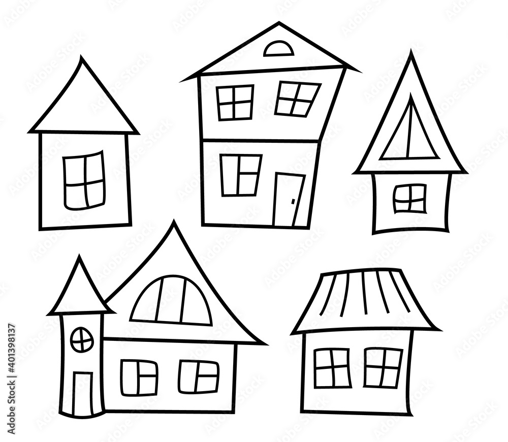 A variety of houses with windows and doors, roofs of different shapes and sizes. For coloring. Contour isolated objects black and white.