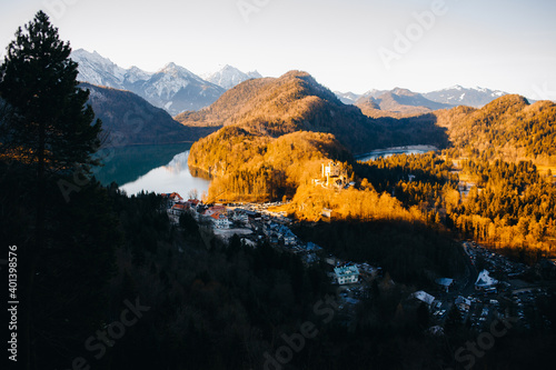 Bavaria, Germany, December 30, 2019: Hohenschwangau castle from a height against the background of mountains and sky in Bavaria.