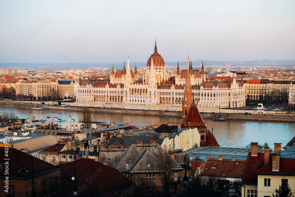 BUDAPEST, HUNGARY, January 01, 2020: View of the Budapesian Parliament and the Danube River