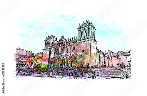 Building view with landmark of Cusco
City in Peru. Watercolour splash with hand drawn sketch illustration in vector.