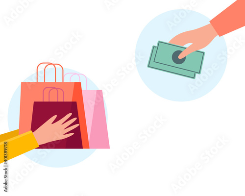 Online shopping delivery concept. Payment process. Courier giving shopping bags. Customer giving money. Online order on isolated white background. Colorful vector illustration in cartoon flat style