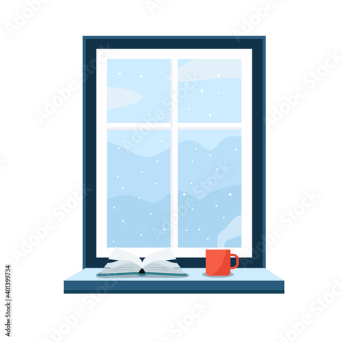 Window with winter landscape outside with mountains and snow concept. Inside the warm house with the cup of tea, coffee or hot chocolate on window sill, looking through the window. Vector illustration