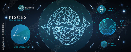 Modern magic witchcraft card with astrology Pisces zodiac sign. Polygonal koi fish illustration. Zodiac characteristic