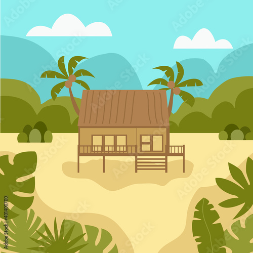 Asian style wooden house at countryside with trees, mountains and sky in flat design.