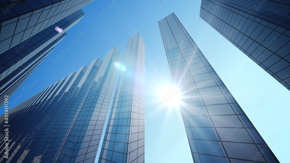 Perspective view, the skyscraper is directed to the sky and Sun.