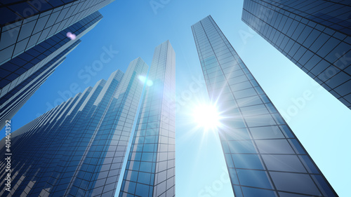 Perspective view, the skyscraper is directed to the sky and Sun.