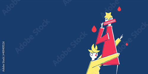 Man and woman couple on blue and copy space. Censored text on man’s face. Female cartoon character in yellow is hugging waist male character in red. Hand drawn doodle flat vector illustration design.