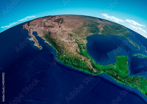 Map of Central America, satellite view. Mexico and United States, physical map. reliefs and mountains. Elements of this image are furnished by Nasa