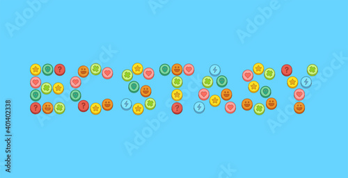 The word ecstasy is spelled with colored ecstasy pills vector banner