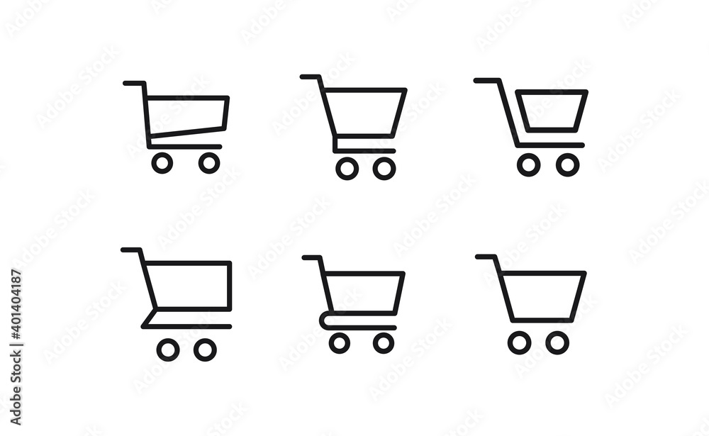 Shop cart icons collection. Supermarket trolley. E-commerce symbol. Online shopping.