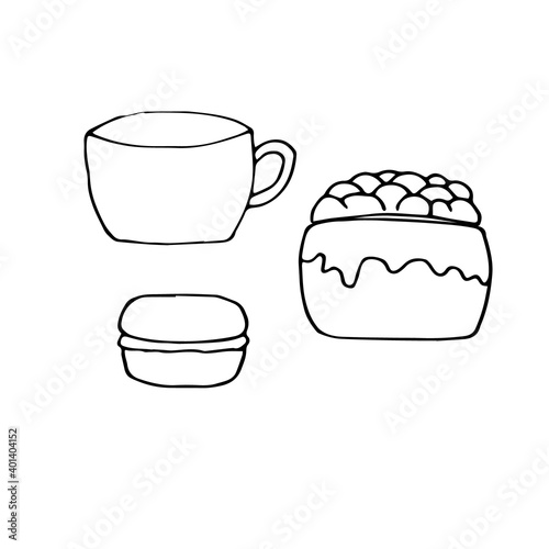 Set of sweet doodles, cute vector illustration, cup, macaroon and cream cake, hand drawing