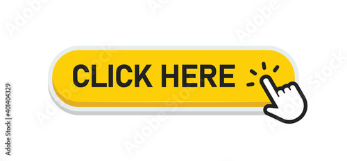 Click here button with clicking hand icon. Flat design style.