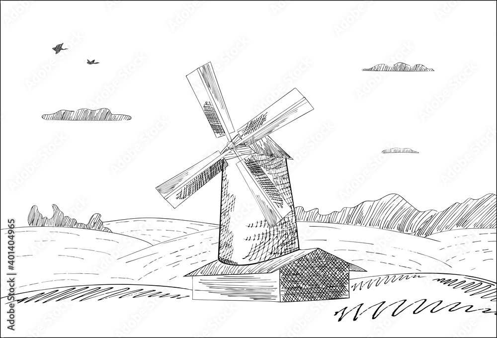 Rural monochrome landscape with windmill and wheat fields. Illustration of production organic agricultural, ecological food. Vector hand drawn vintage engraved sketch.