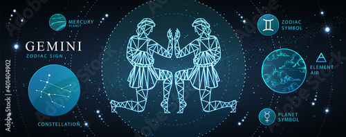 Modern magic witchcraft card with astrology Gemini zodiac sign. Polygonal men figure illustration. Zodiac characteristic