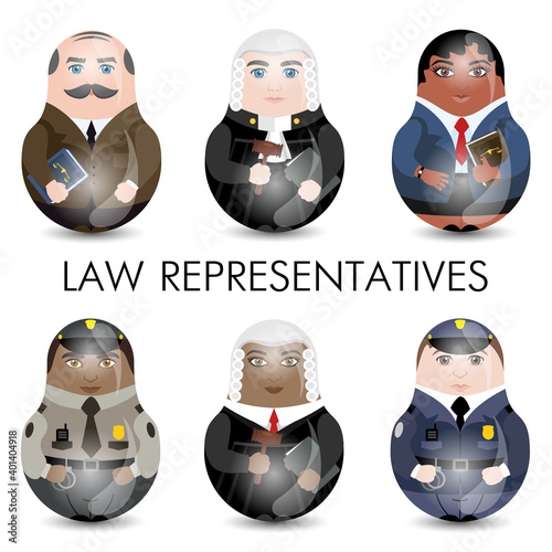 Modern kawaii dolls for your business project. Multiracial. Law representatives.