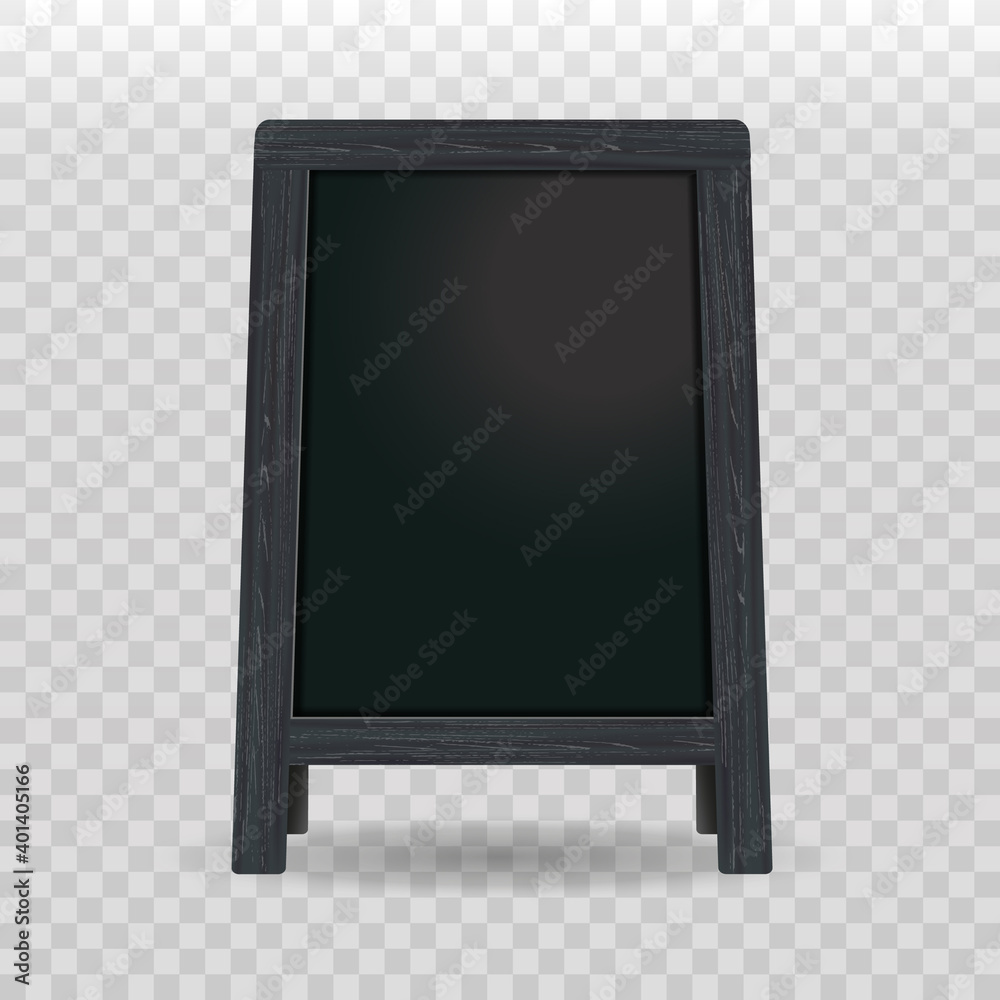 Obraz premium Vector realistic street chalkboard. Mockup. black board with wooden frame isolated on transparent. Outdoor stand for advertising and presentation for cafes, restaurants, menus. EPS 10.