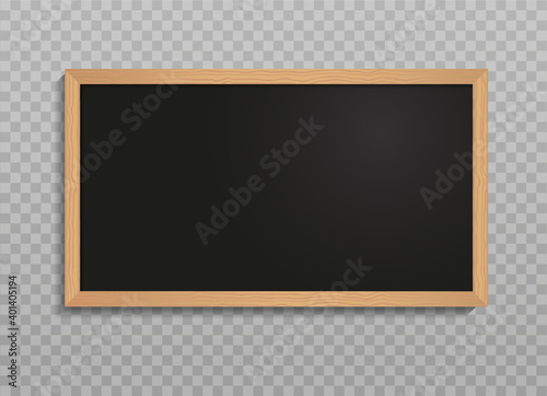 Vector realistic school chalkboard. Mockup. Black color. Empty template with wooden frame isolated on transparent. Wooden blackboard or classboard. EPS 10.