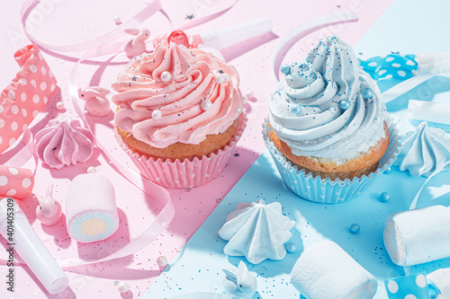 gender party. boy or girl. two cupcakes with blue and pink cream  celebration concept when the gender of the child becomes known