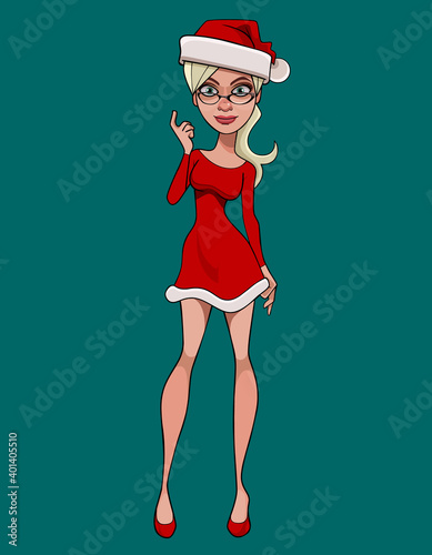 cartoon pretty girl in christmas dress and hat