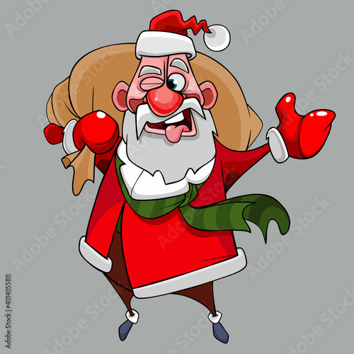 cartoon santa claus fooling around with a bag on his shoulder