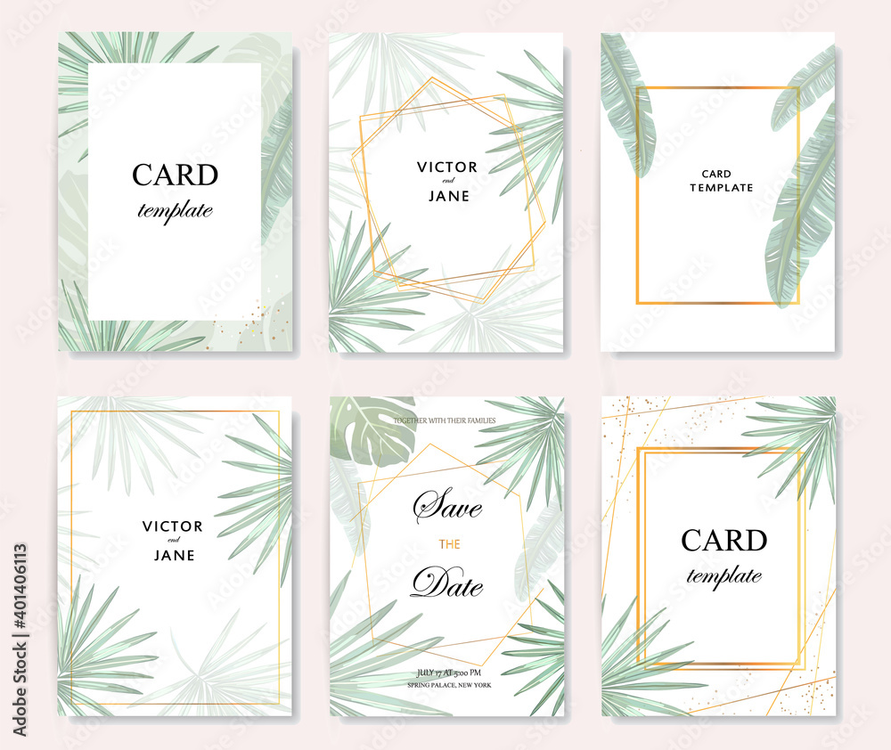 modern minimalist tropical wedding invitation card templates set with golden geometric elements, vector design concept