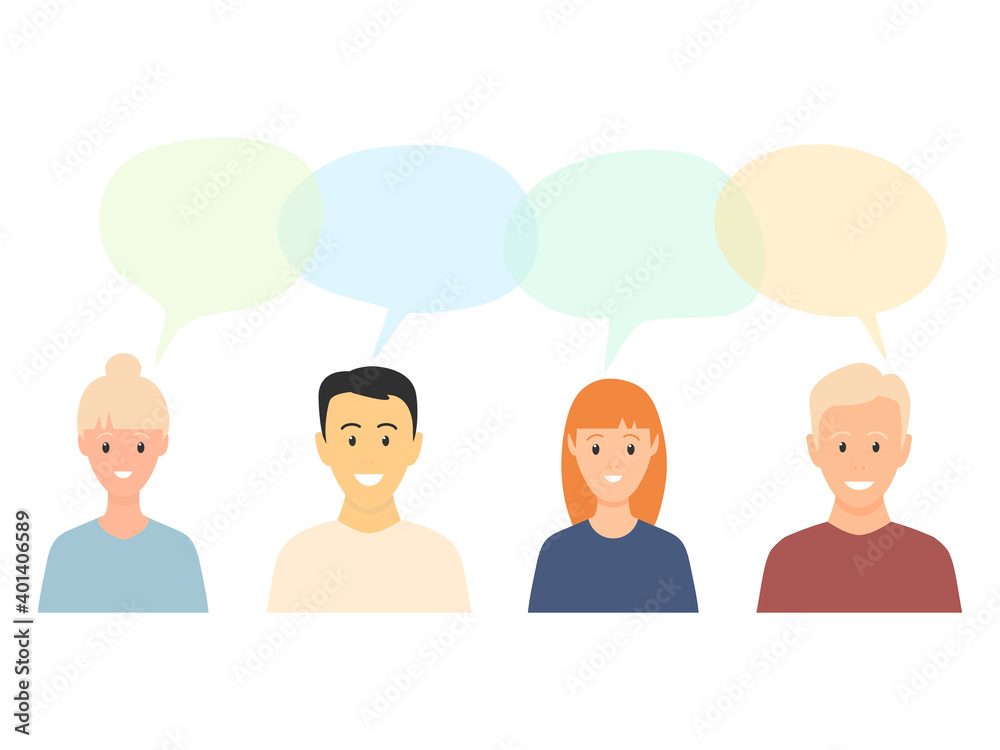Communication of different people. Young men and women with speech bubbles. Discussion concept. Human chatting vector illustration. Communication of different people. Young men and women with speech bubbles. Discussion concept. Human chatting vector illustration.