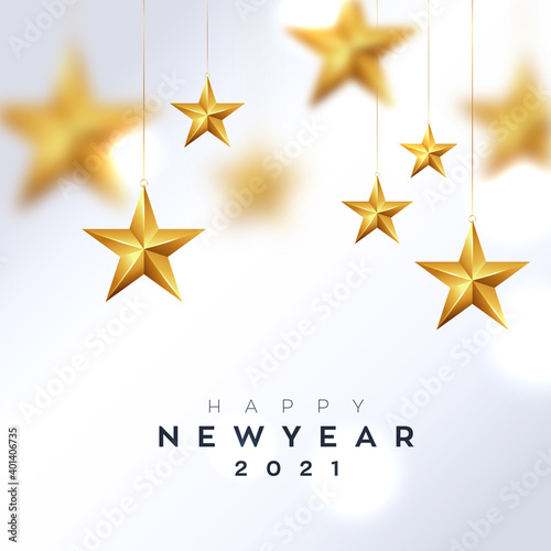 Happy new year 2021. Realistic hanging golden star vector background for new year  cover  diary  poster  banner.