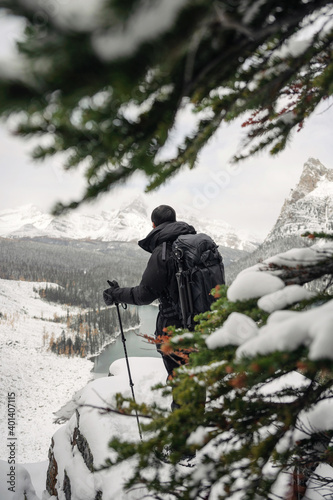 Man backpacker standing on top of snow mountain with pine leaves at Opabin Plateau, Yoho National Park photo