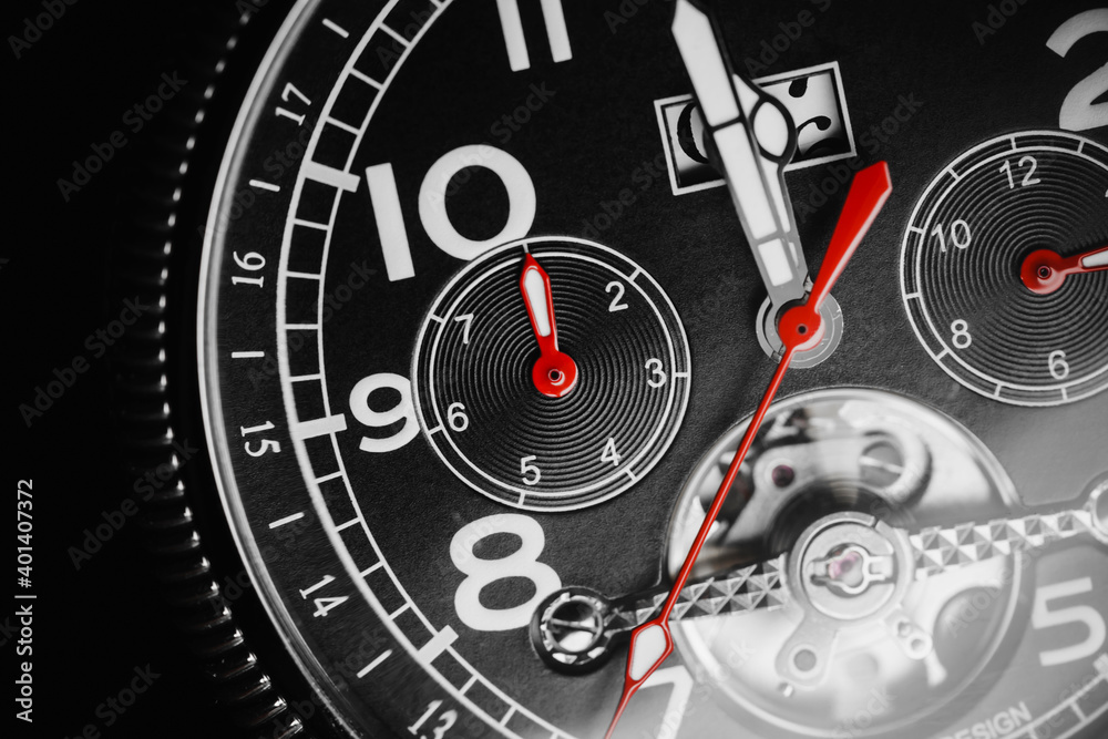 Fototapeta premium Mechanical luxury wrist watch with red arrows