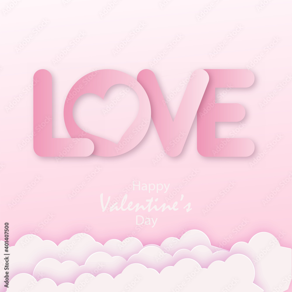 Valentines paper art with clouds and hearts. Vector