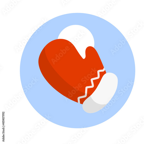 Mitten. Winter red glove and snow. Children Clothing for cold weather. Snowball fight. Rest and activity of kid. Flat cartoon illustration