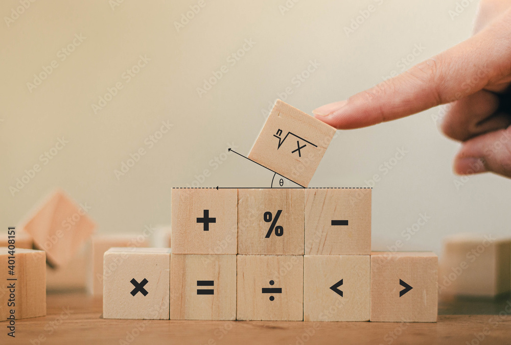 Math symbols written on the wooden blocks of a businessman With calculations with ideas A concept, a difficult problem or a mathematical solution - obrazy, fototapety, plakaty 