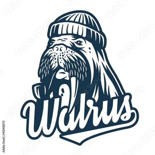 Marine sailor walrus with smoking pipe. Nautical wanderlust sea adventure illustration